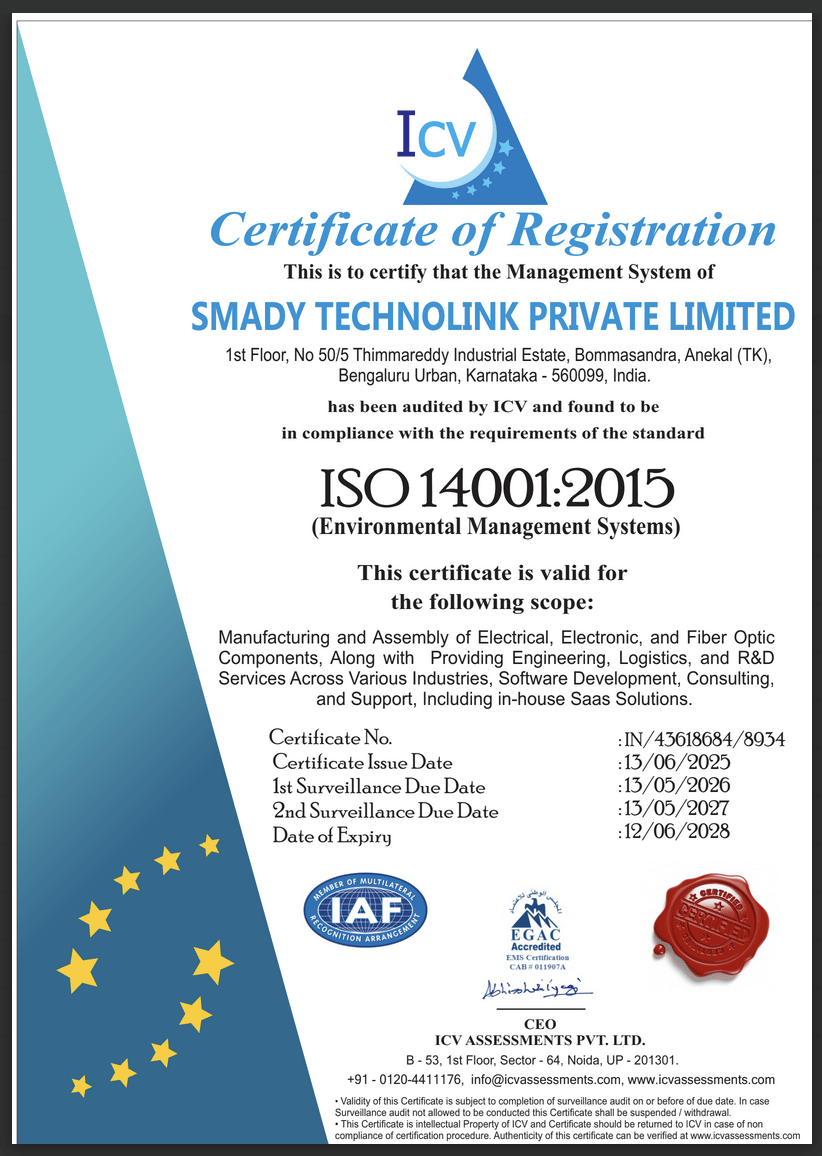 ISO 14001:2015 Certificate of Registration for Smady Technolink Private Limited, Environmental Management Systems