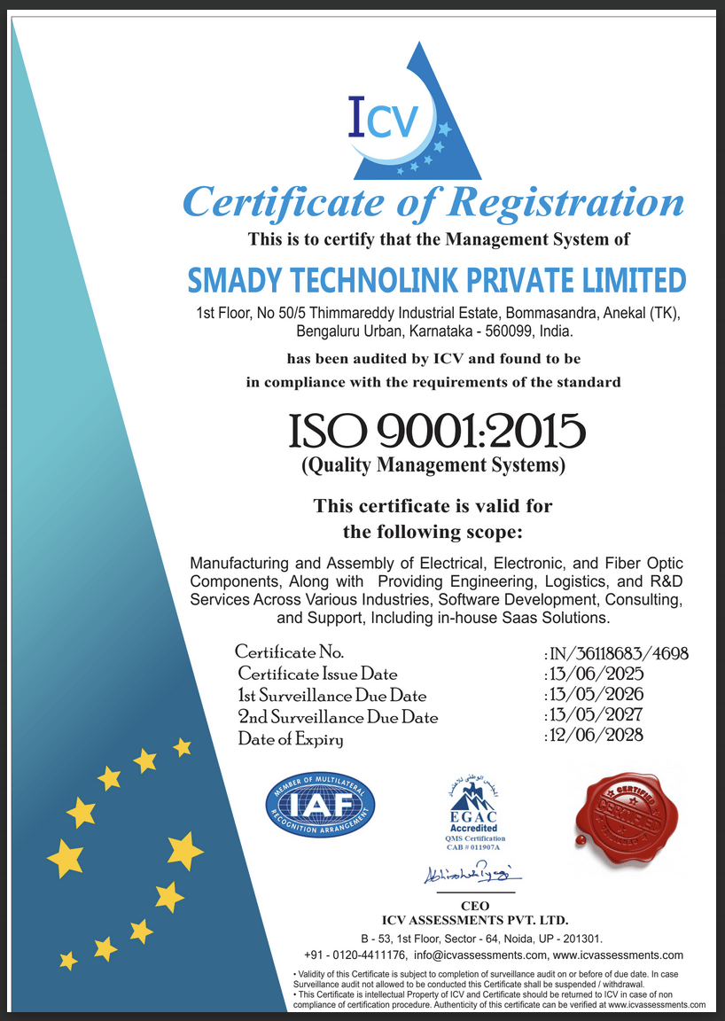ISO 9001:2015 Certificate of Registration for Smady Technolink Private Limited, Quality Management Systems